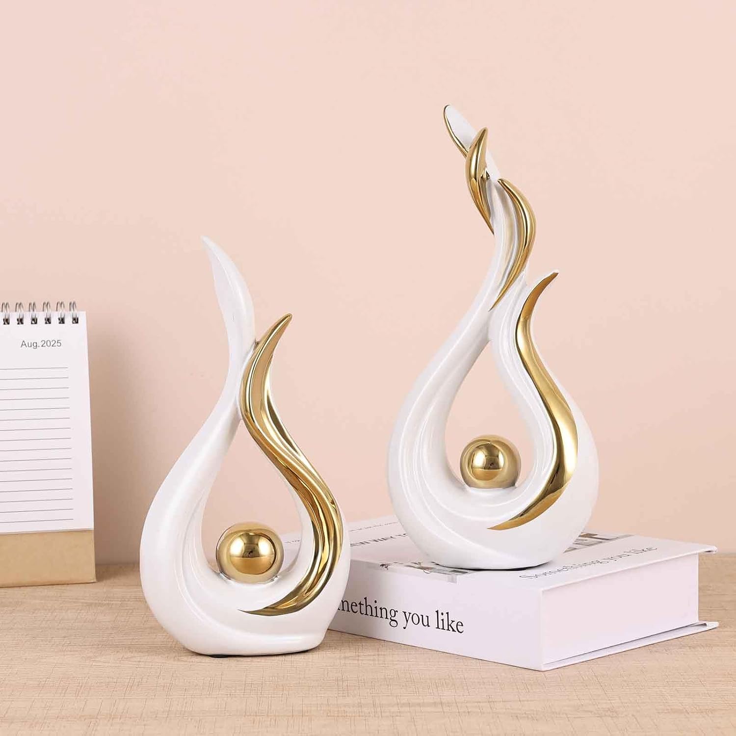 White and Gold Abstract Ceramic Sculptures / White Gold / Set of 2