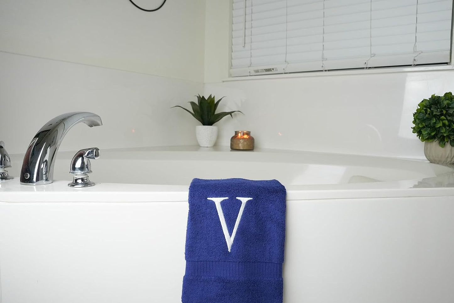 Navy with White Monogrammed Hand Towels for Bathroom - Set of 2 Letter V | Luxury Hotel Quality Initial Towels For