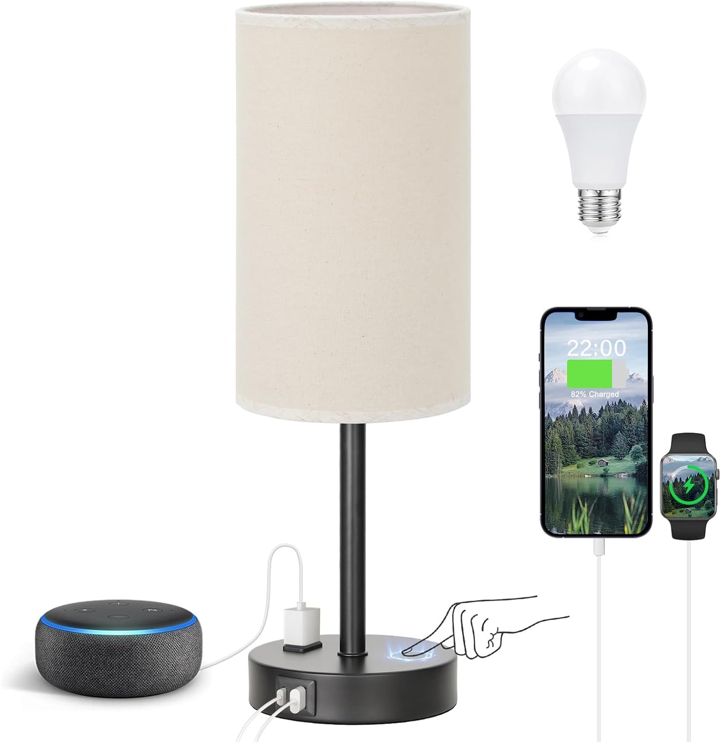 Fenmzee 17.4" Beige Lamp for Bedroom - Dimmable Touch, USB A+C, AC Outlet