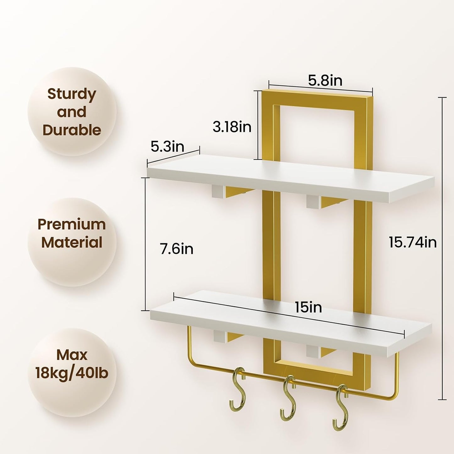 Floating Shelves / Wall Mounted Storage Shelves / White + Gold / Set of 2