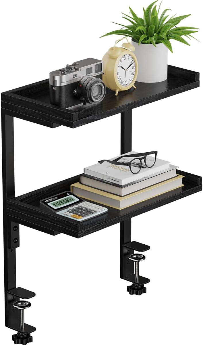Clamp On Desk Shelf 2-Tier, 12.6 inche Wood Shelving Unit for Office Desk/Gaming Accessories, Tabletop Book Storage