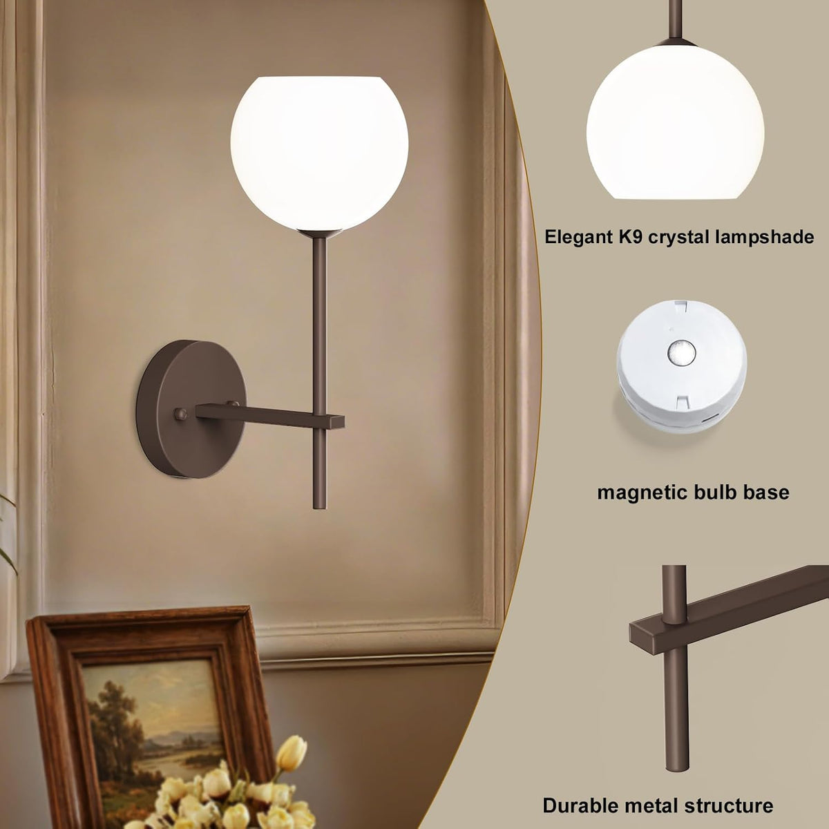 Brown Battery Operated Wall Sconces Set of 2, Rechargeable Wireless Wall Lights with Milky White Frosted Glass, 12 RGB