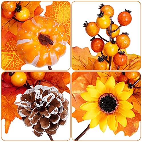 6 Pack Artificial Maple Leaves Branches Autumn Pumpkin Berry Twig Stem Orange Fall Stems Fake Artificial Flower Picks for Thanksgiving Christmas Harvest Festival Decoration DIY Floral Arrangements