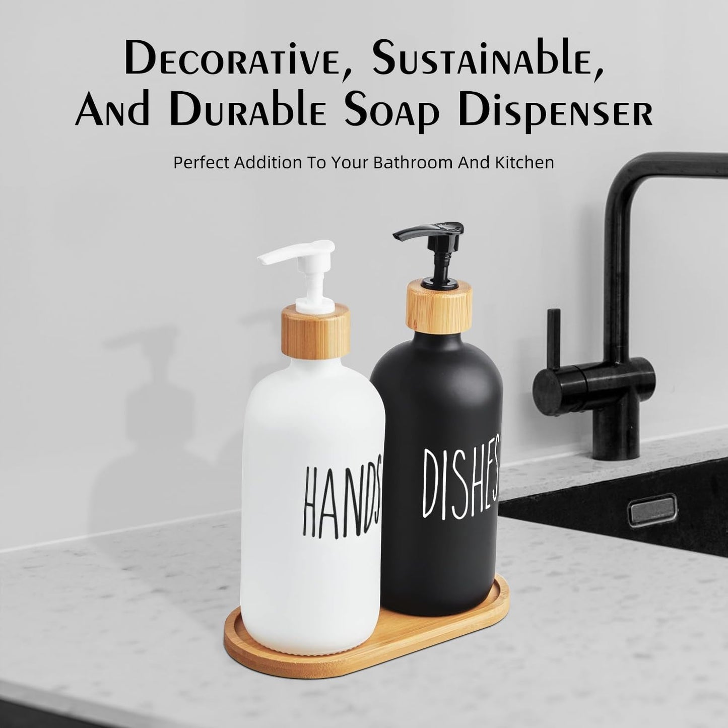 Arktek Glass Soap Dispenser Set with Tray, 2 Pack Hand and Dish Soap Dispenser Set for Bathroom and Kitchen Bottle