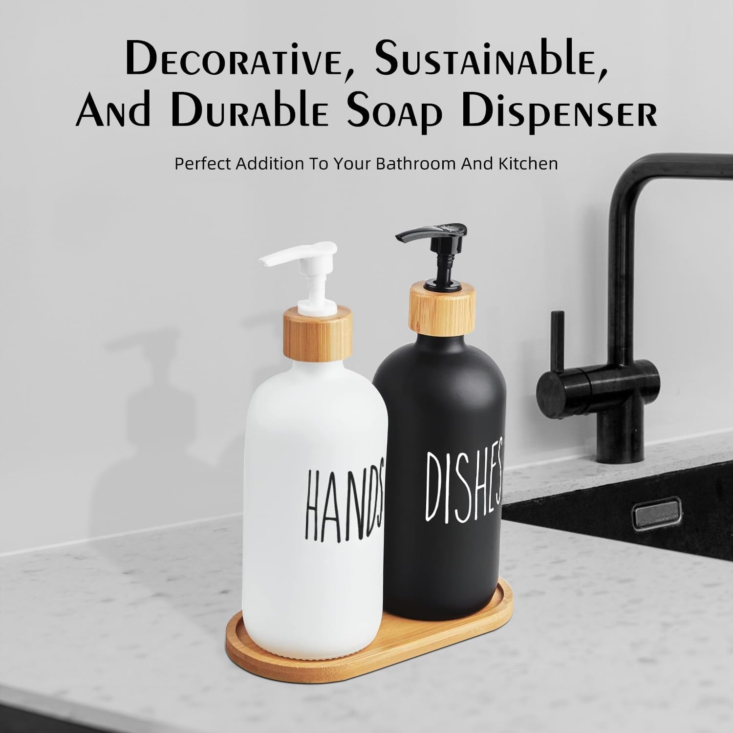 Arktek Glass Soap Dispenser Set with Tray, 2 Pack Hand and Dish Soap Dispenser Set for Bathroom and Kitchen Bottle