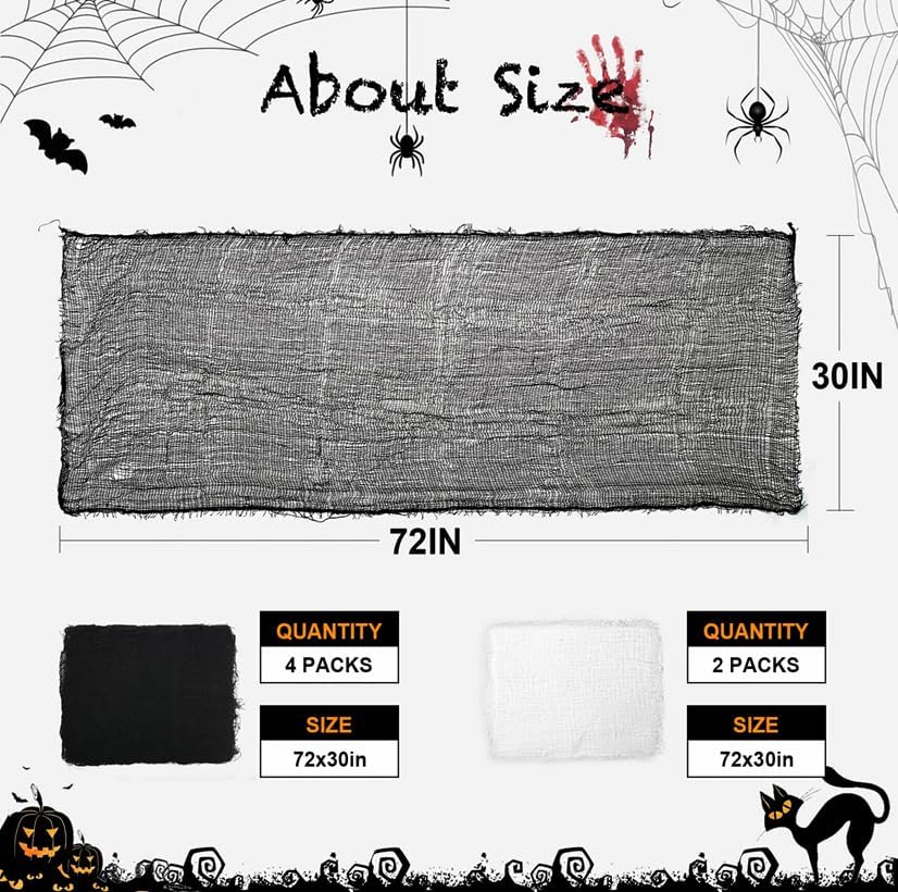 Land Guard 6Pcs Halloween Gauze Cloth, Creepy Cloth, 30×72 Inch Creepy Fabric Halloween for Haunted House Supplies, Party Outdoor, Indoor (4 Black+2 White)