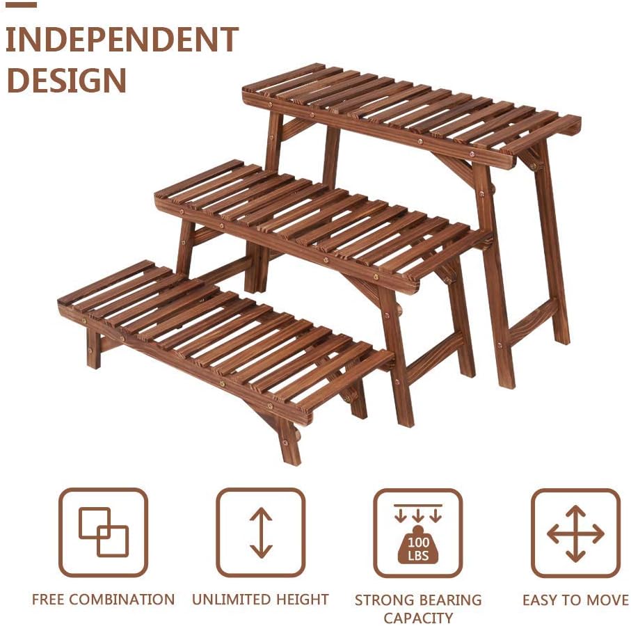 Ufine 3 Tier Ladder Plant Shelf Wood Plant Stand for Indoor Outdoor | Set of 3 Freestanding Plant Display Rack Flower