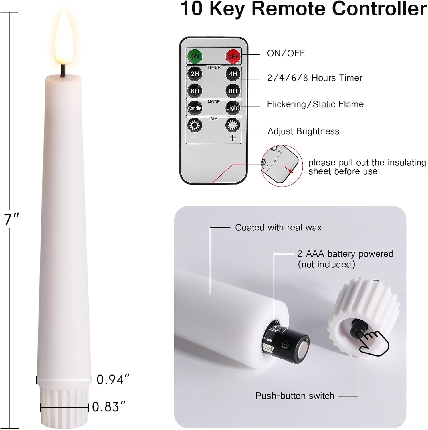 Short White Flameless Taper Candles with Remote Set of 6 | Flickering LED Candlesticks, Real Wax Coating, 2 AAA Battery