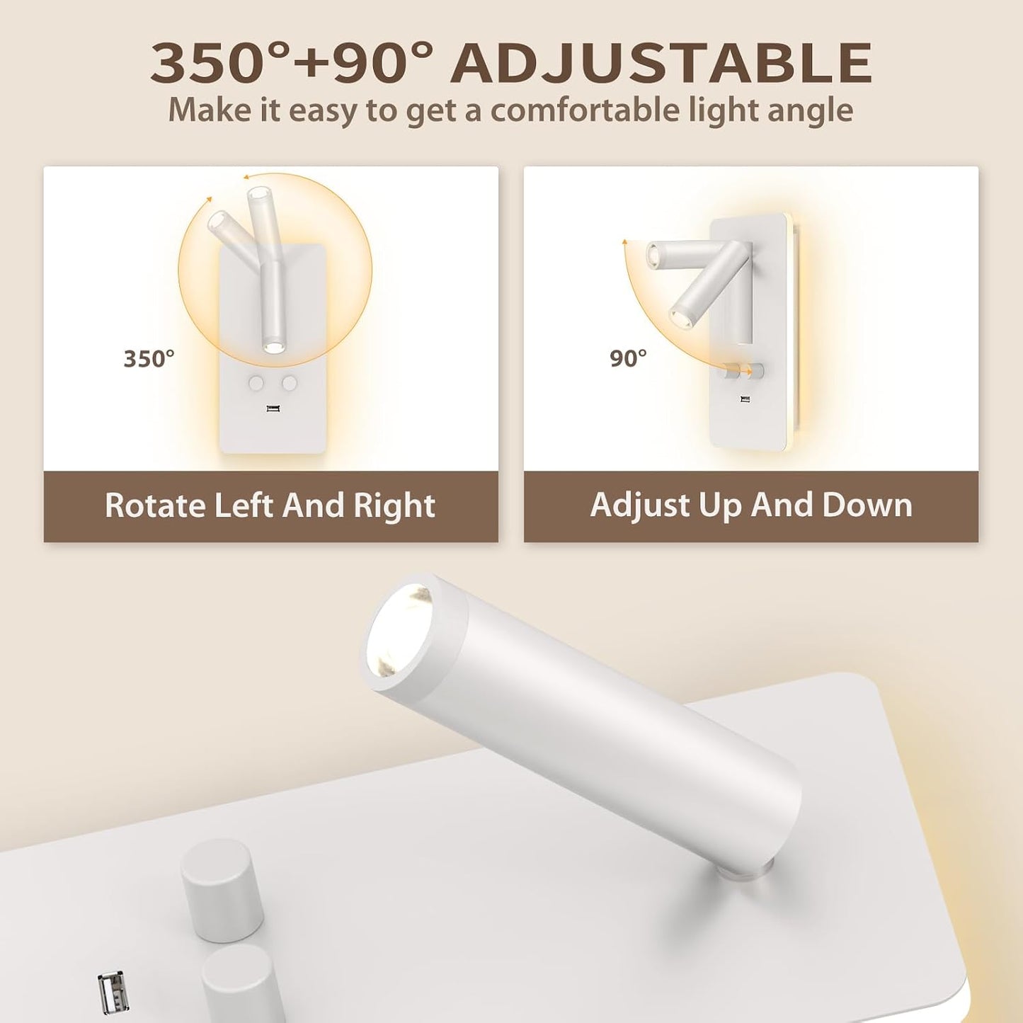 M04 Dimmable Wall Mounted Sconces Reading Light Bedside Lamp with USB Port Headboard Plug in Hardwire Wall Lamps