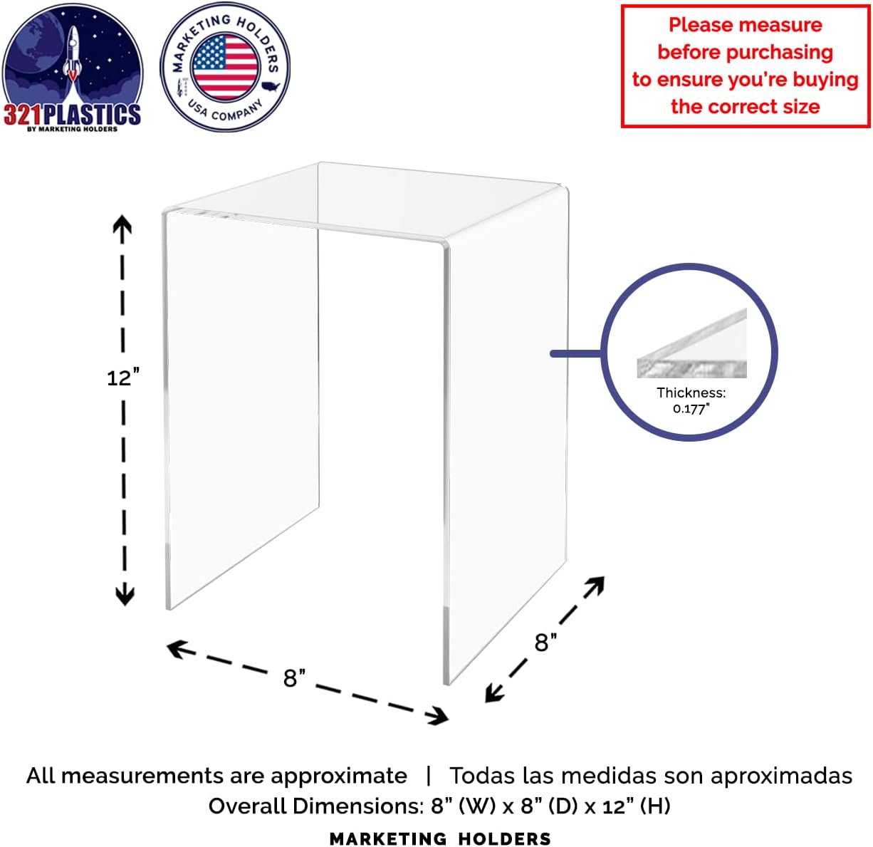 Marketing Holders 4 Pack Clear Acrylic Riser Display Stand 8" x 8" x 12" Merchandise Showcase One Piece Fixture Retail