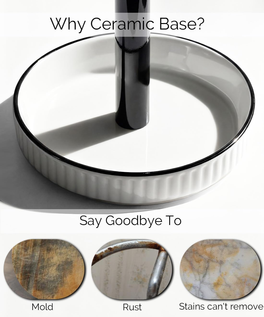 Paper Towel Holder, Ceramic Heavy Plate Base Wobble-Free, Roll Stand-Wh-bk | Effortless Cleaning and Easy to Assemble