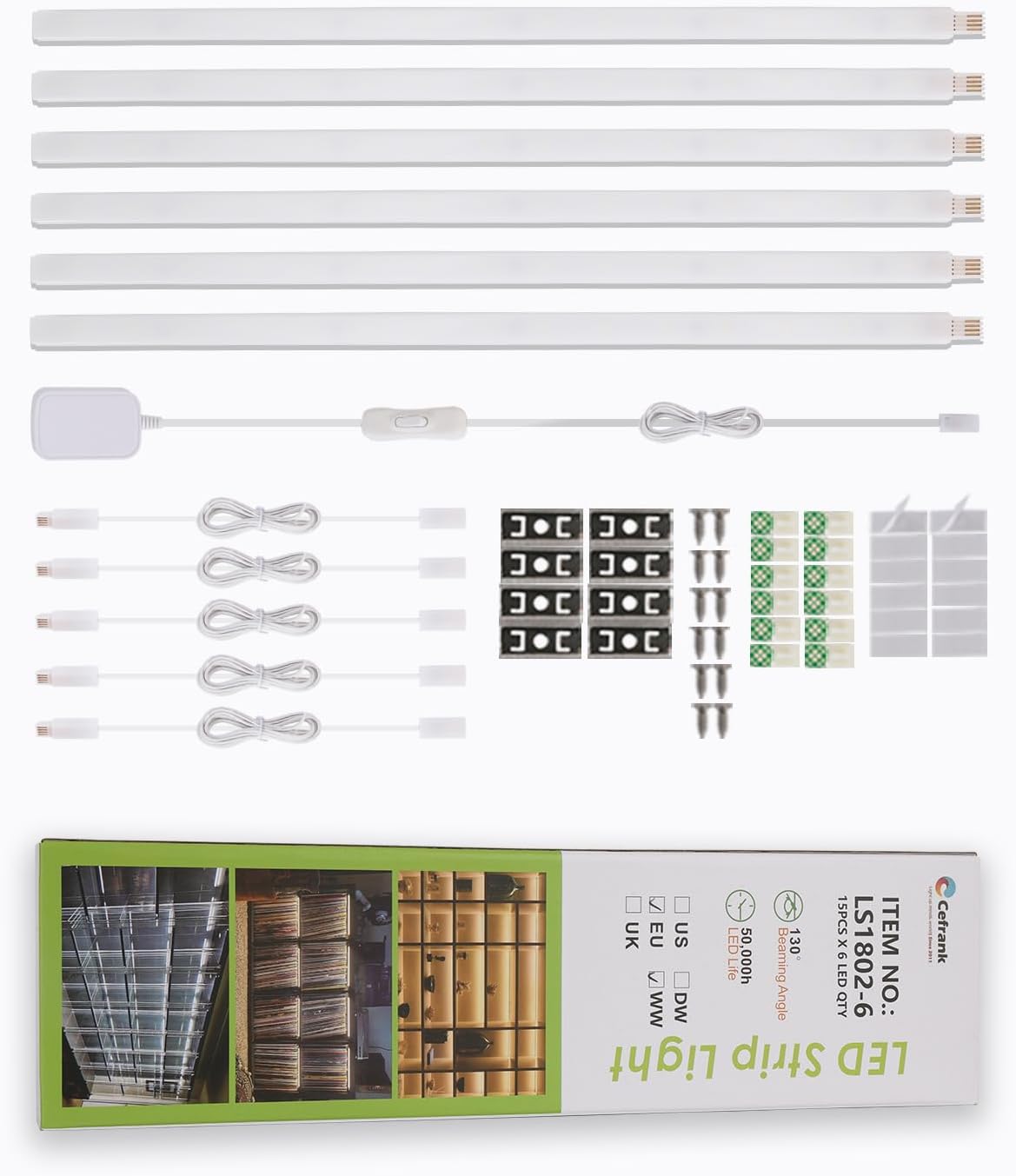 Cefrank 6-Pack Linkable Under Cabinet Lighting, 12" LED Shelf Light Bars | 1200LM Cool White • Plug-in • CRI90+ •