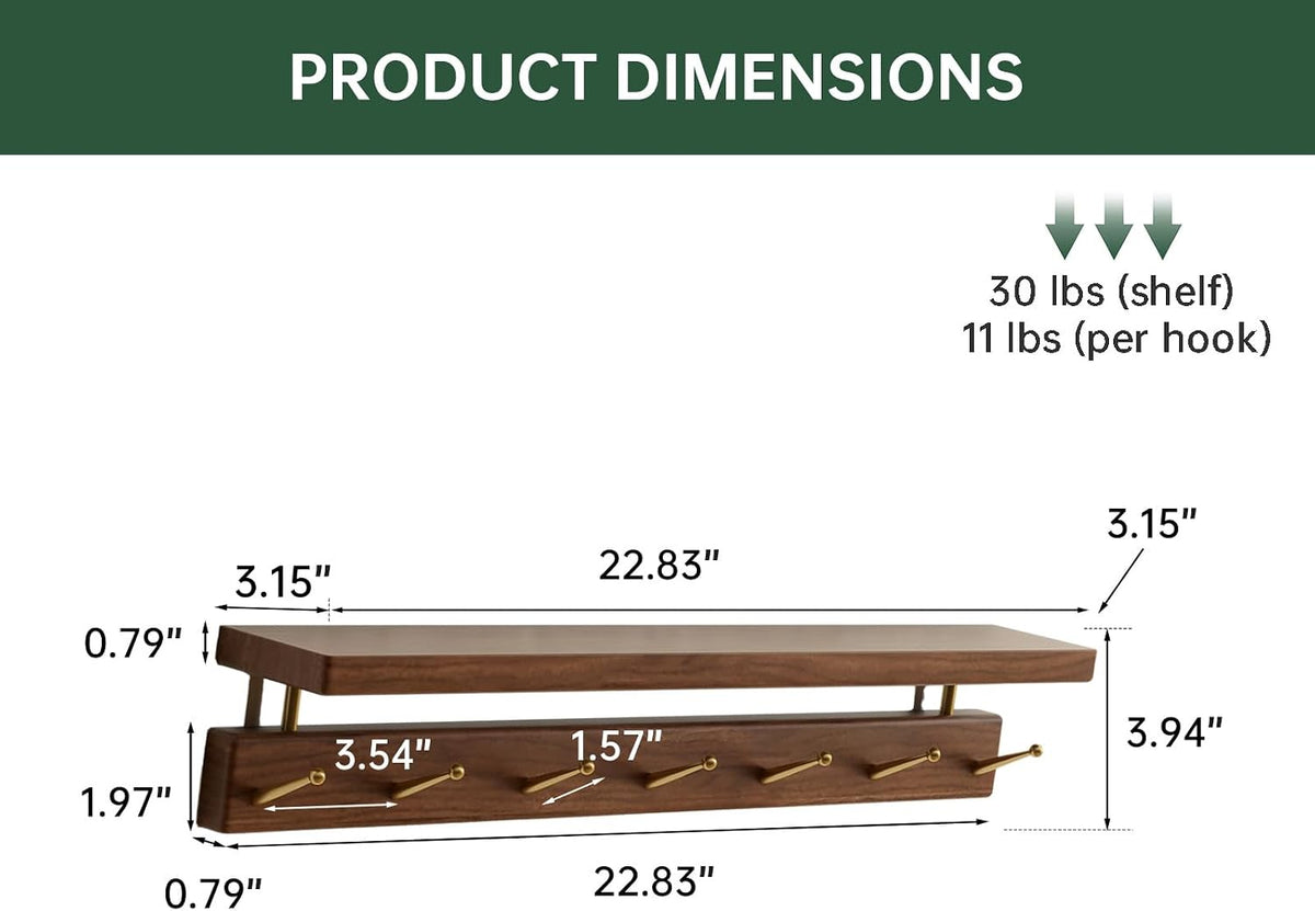 Walnut Wall Hooks with Shelf, Coat Rack Wall Mount, Entryway Hanging Shelf with 7 Brass Hooks for Hats, Clothes