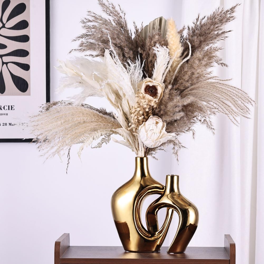 Hollow Ceramic Vases / Gold / Set of 2