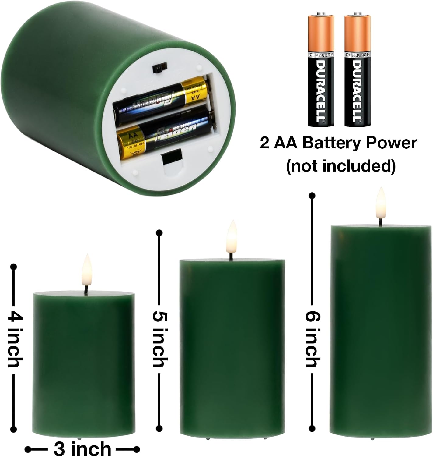 Dark Green Flameless Pillar Candles with Remote Set of 3 | Flickering LED Wax Candles, Flat Top, 2 AA Battery Power