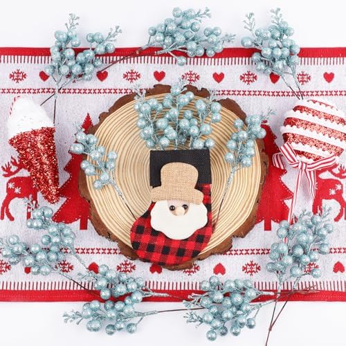 24 Pack Light Blue Berry Stems,Artificial Burgundy Glitter Red Berries,7.5 Inch Christmas Berries Picks for DIY Crafts Christmas Tree Christmas Wreath Home Wedding Home Party Decoration (Light Blue)