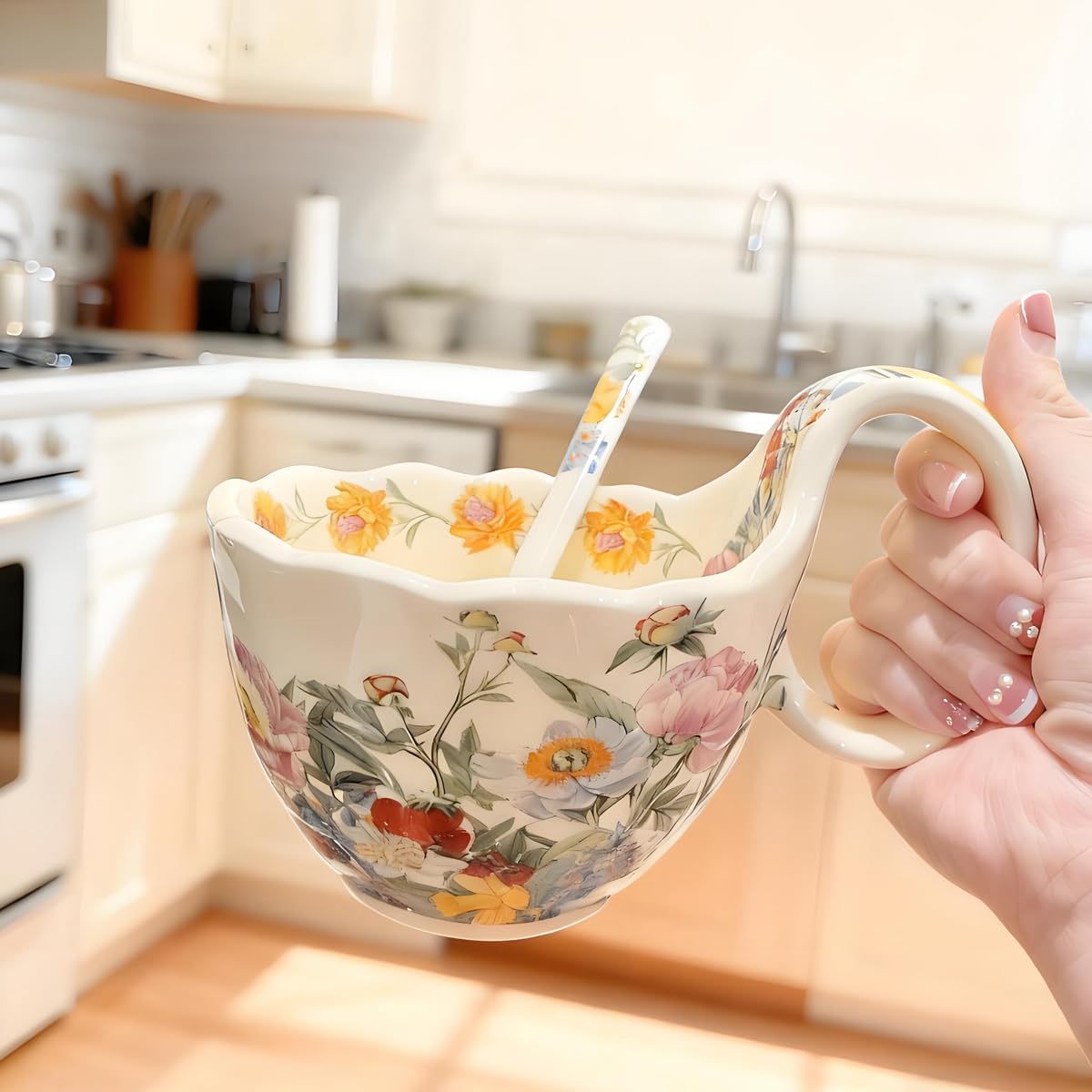 17.64 Oz Microwavable Soup Bowl / Peony - Handmade Loop Handle Soup Bowl with Spoon