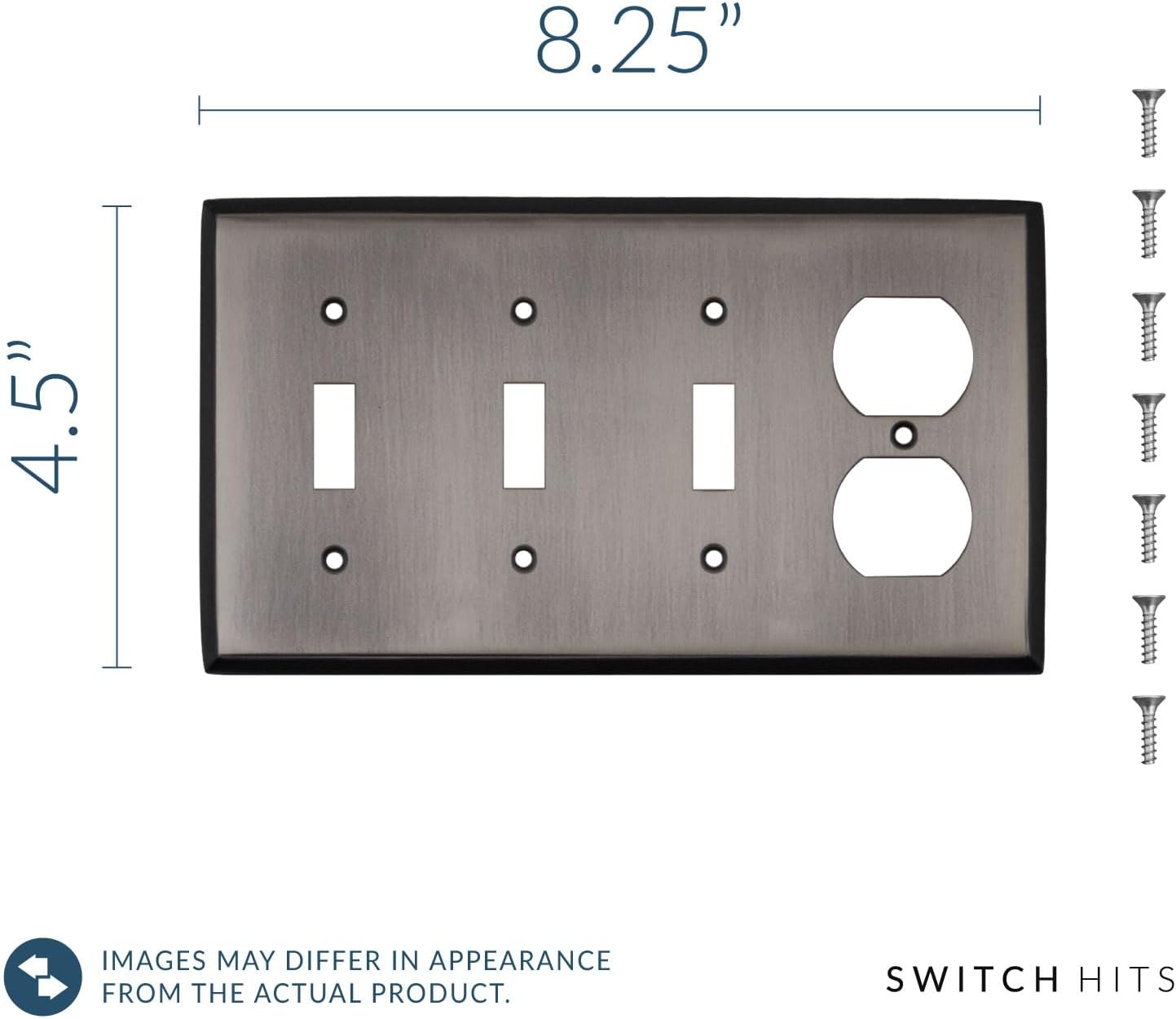 Antique Pewter Outlet Wall Plate | 3 Toggle - 1 Duplex | 8.25" x 4.5" | Hand-Polished Brass Construction | Electrical