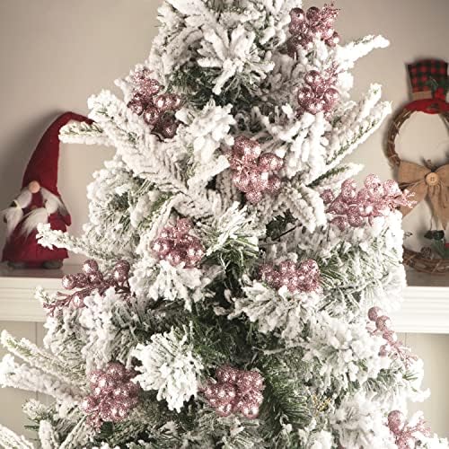 24 Pack Glitter Pink Berry Stems,7.5 Inch Christmas Sparking Red Faux Winter Berry Sprigs,Artificial Red Berries Branches for Christmas Tree Garland Wreath Crafts Season Winter Home Decor