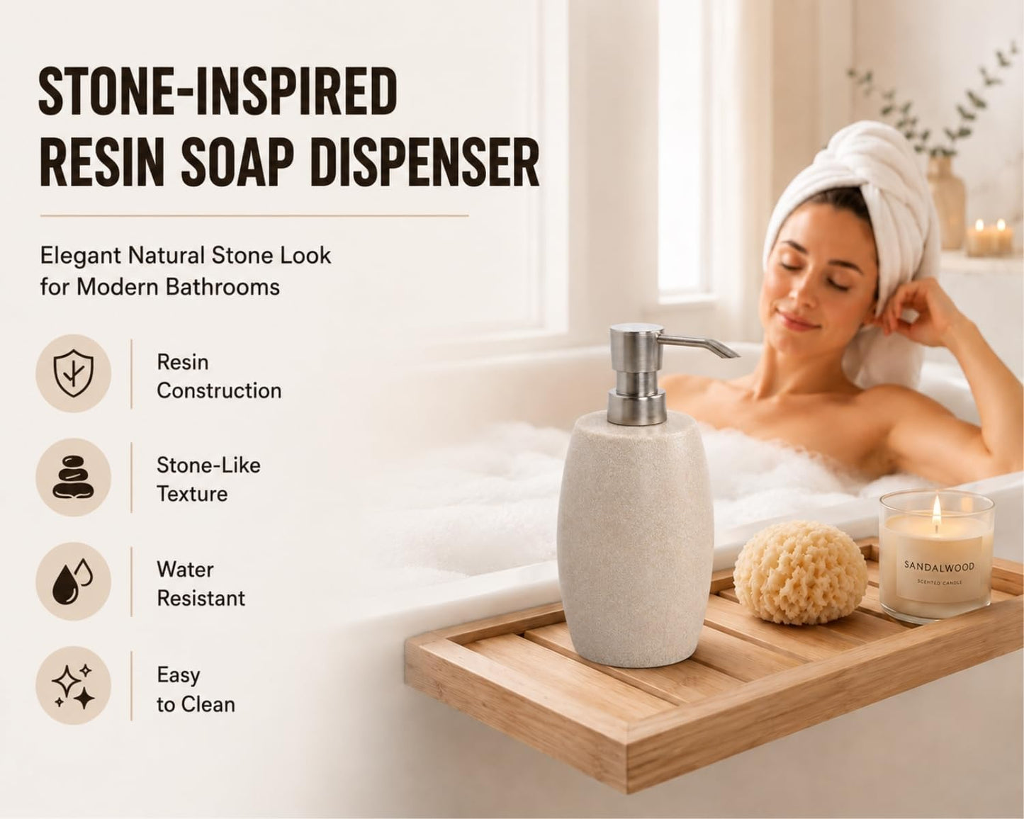Clasin Home Sandstone Textured Resin Soap Dispenser with Metallic Pump and Waterproof Bottle Labels for Bathroom