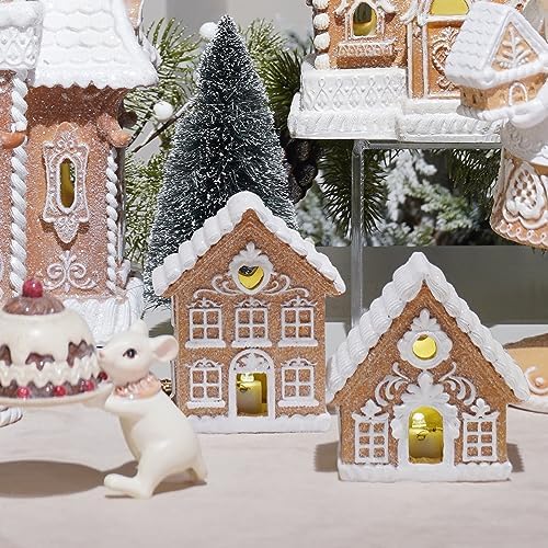Braxio Indoor Christmas Decorations Gingerbread House Kit 2PCS with LED Light - 3 Inch Miniature Resin Houses for Indoor Home Decor, Family Room Aesthetic