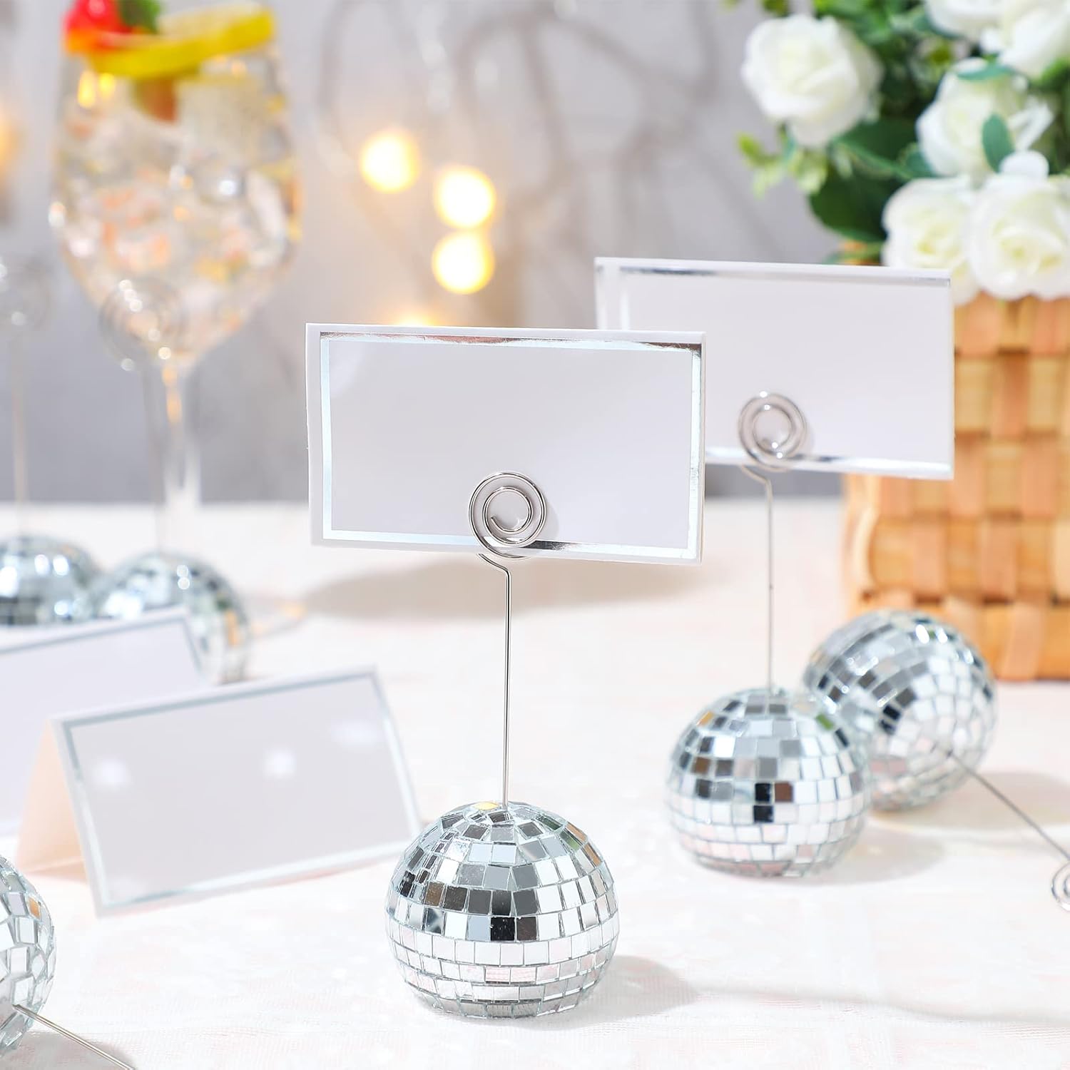 Maitys 20 Set Disco Ball Table Number Holders Silver,180pcs/60 Set,2 Inch | Swirl Wire Clips for Place Cards, Name