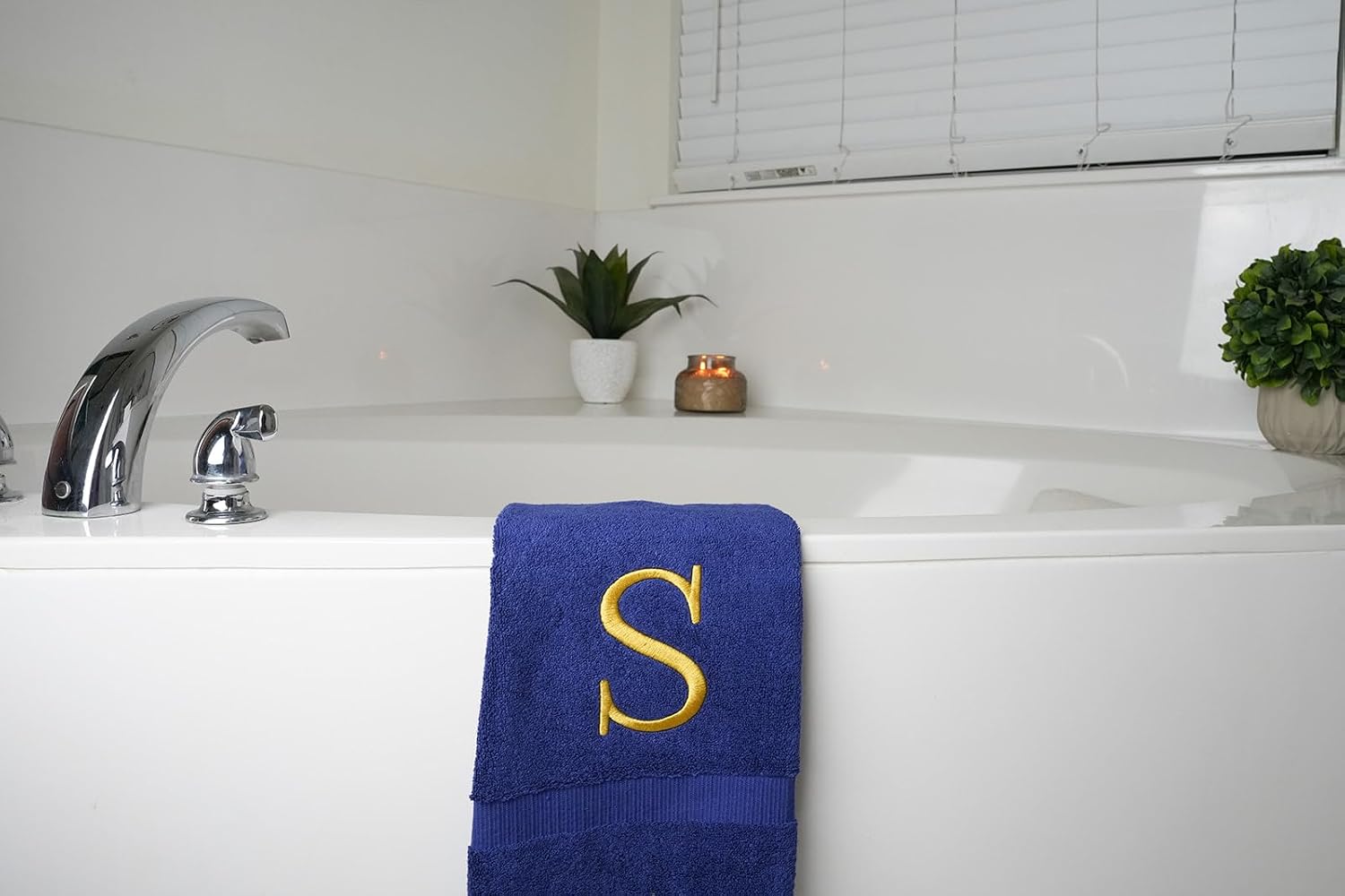 Navy with Gold Monogrammed Hand Towels for Bathroom - Set of 2 Letter S | Luxury Hotel Quality Initial Towels For