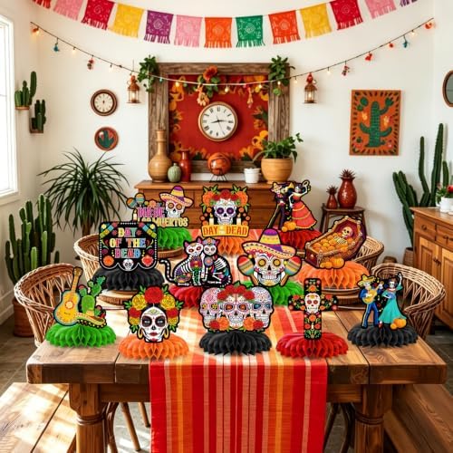 12Pcs Day of the Dead Honeycomb Centerpieces Decorations Dia De Los Muertos Altar Table Decorations Double Side Sugar Skull Table Centerpieces for Mexican Day of The Dead Halloween Party Supplies