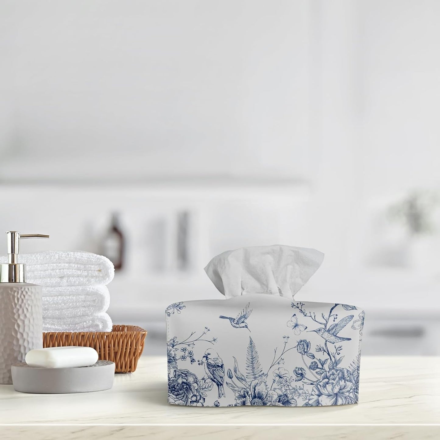 Chinoiserie Flower Toile Tissue Box Holder / Floral Bird Blue