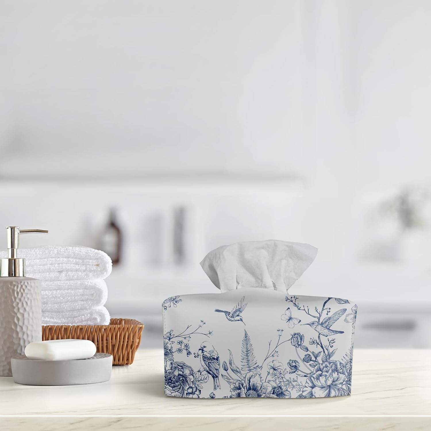 Chinoiserie Flower Toile Tissue Box Holder / Floral Bird Blue