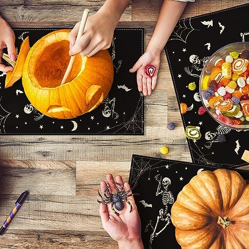AnyDesign Halloween Dancing Skeletons Placemat - Table Mat Set of 4, Black & White Patterns, Non-Slip & Heat Resistant, 12 x 18 Inch