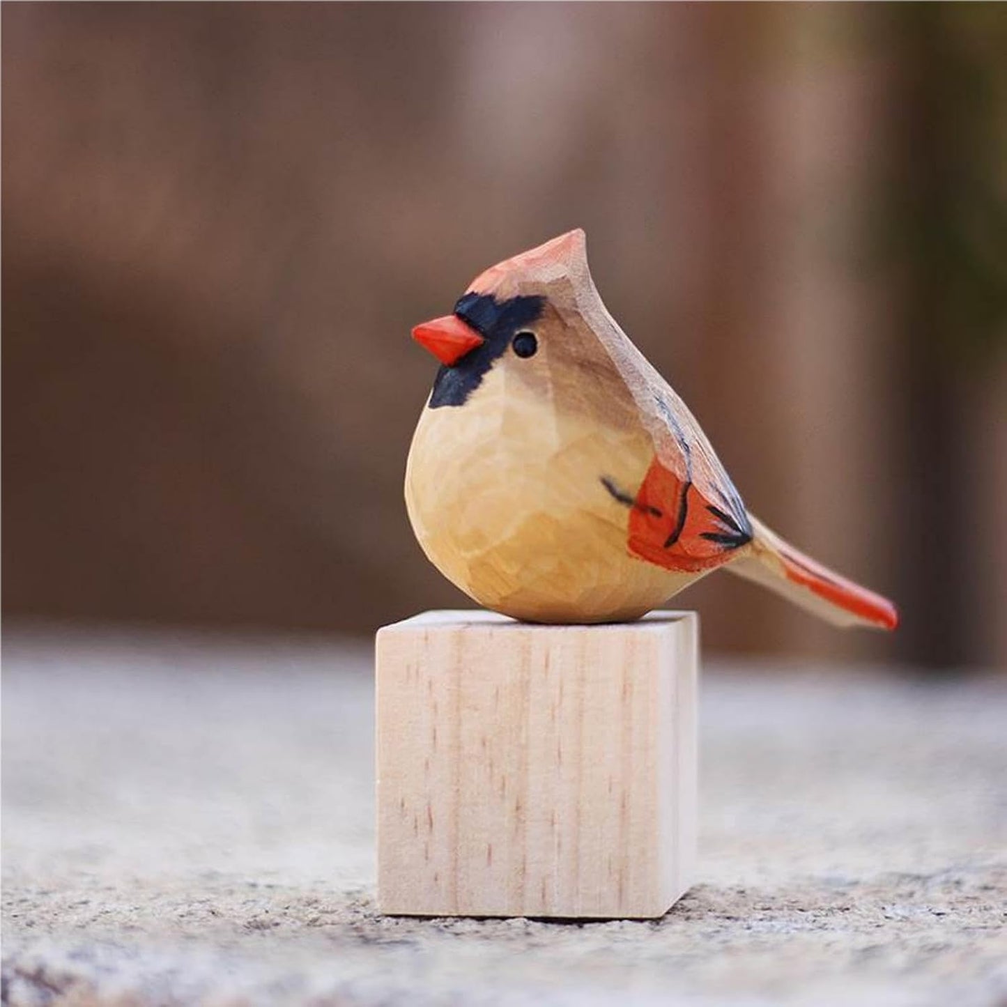 Small Wooden Christmas Female Bird Statue Decor / Female Cardinal / Red