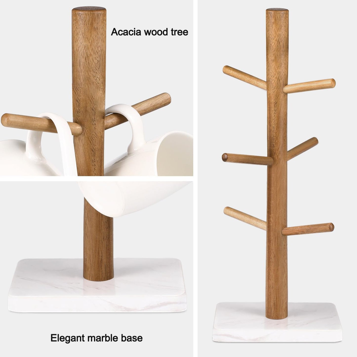 Buruis Acacia Wood Mug Holder with Marble Base, 6 Hook Mug Tree, White | Coffee Mug Rack for Countertop, Space-Saving