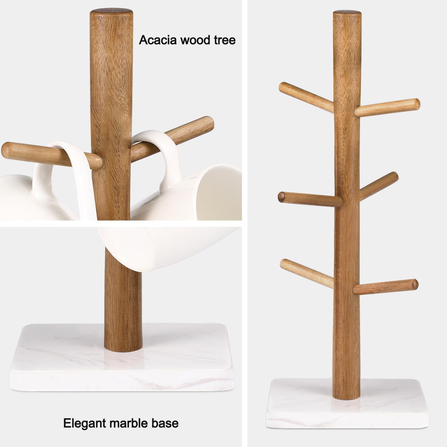 Buruis Acacia Wood Mug Holder with Marble Base, 6 Hook Mug Tree, White | Coffee Mug Rack for Countertop, Space-Saving
