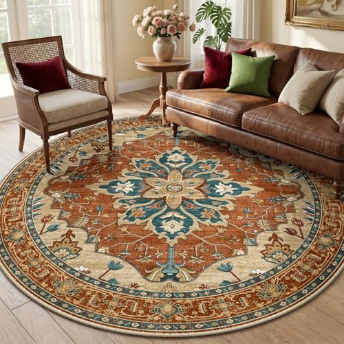 RELEANY Washable Area Rug, Round 6ft, Red/Orange/Blue/Brown