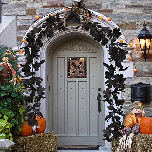 FOIMAS Halloween Maple Garland,2pcs Black Maple Leaves Garland with Lights for Halloween Mantle Fireplace Tree Decoration