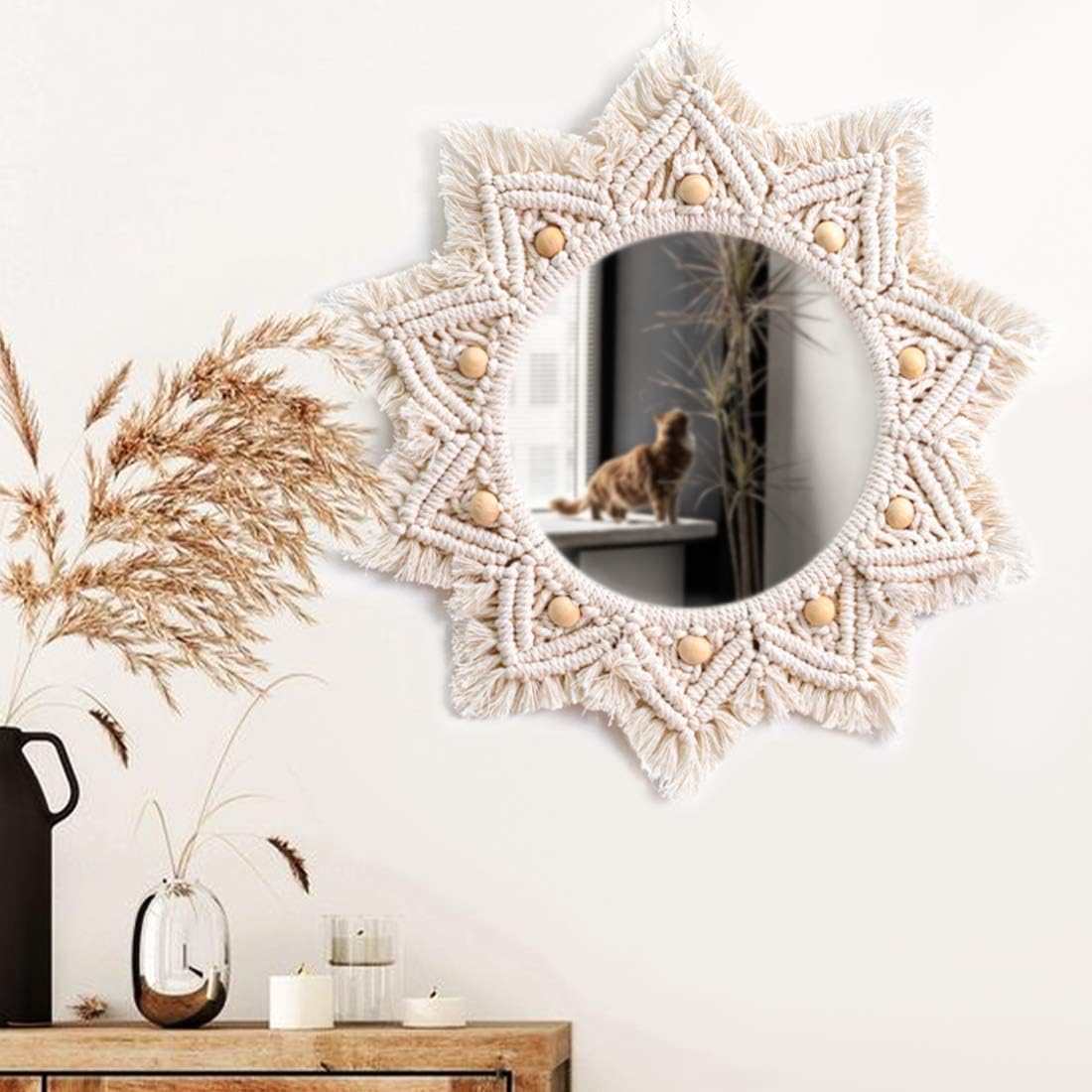 Boho Wall Decor Mirror Macrame Circle Hanging Mirror / White