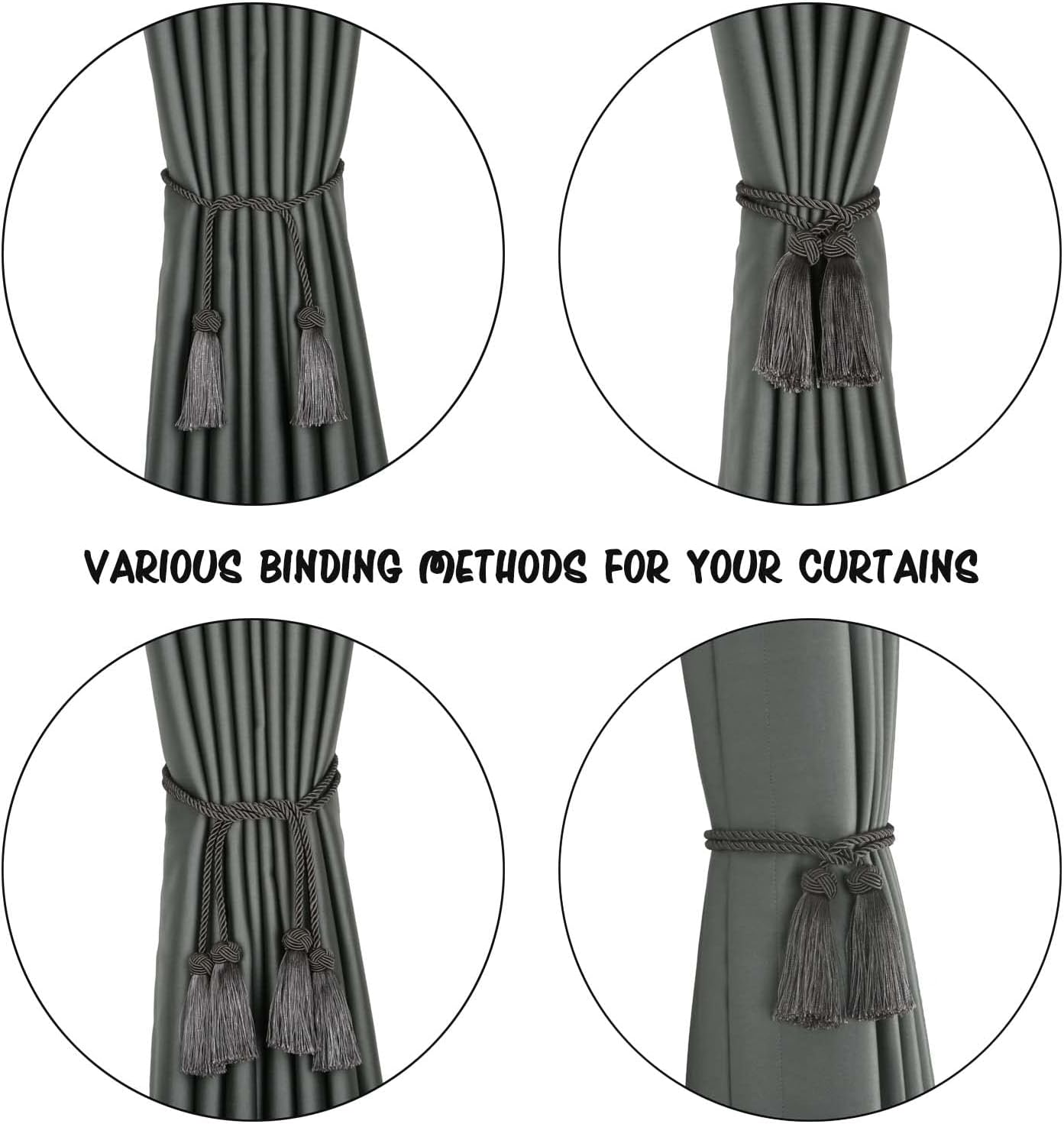BEL AVENIR 6 Pack Handmade Rope Tassel Curtain Tiebacks | Decorative Curtain Holdbacks with Tassel (Charcoal, 6 Pack)