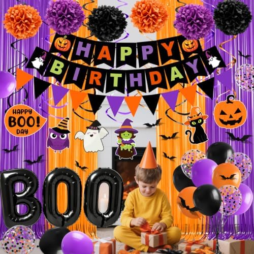 Halloween Birthday Party Decorations, 73PCs Halloween Birthday Decorations Set Including HAPPY BIRTHDAY Banner Bat Stickers Hanging Garland Swirl Streamers Purple Orange Black Balloons Honeycomb Ball