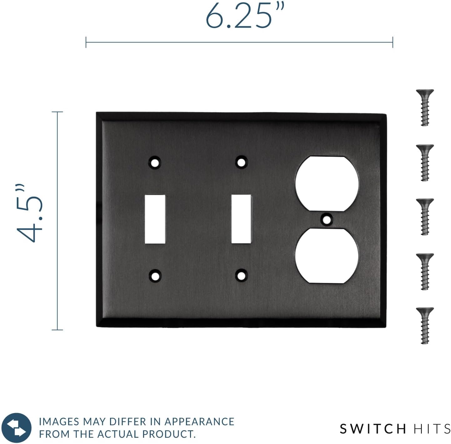 Satin Nickel Black Outlet Wall Plate | 2 Toggle - 1 Duplex | 6.25" x 4.5" | Hand-Polished Brass Construction