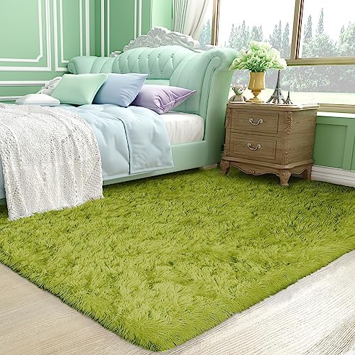 Ophanie Green Rug Grass Area Rugs for Bedroom, 4x6 Shag Fluffy Carpet, Fuzzy Furry Plush Soft Cute Kids Baby Girls