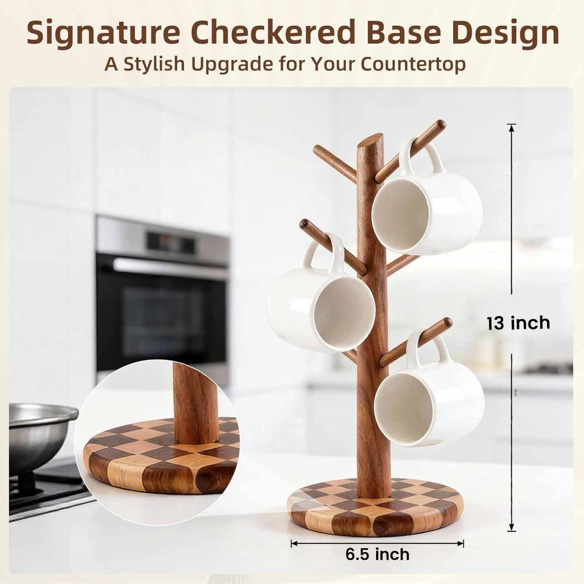 Natural Wood Mug Holder for Counter Top, Acacia Wood Coffee Mug Tree | Non-Slip Wooden Mug Organizer for Kitchen