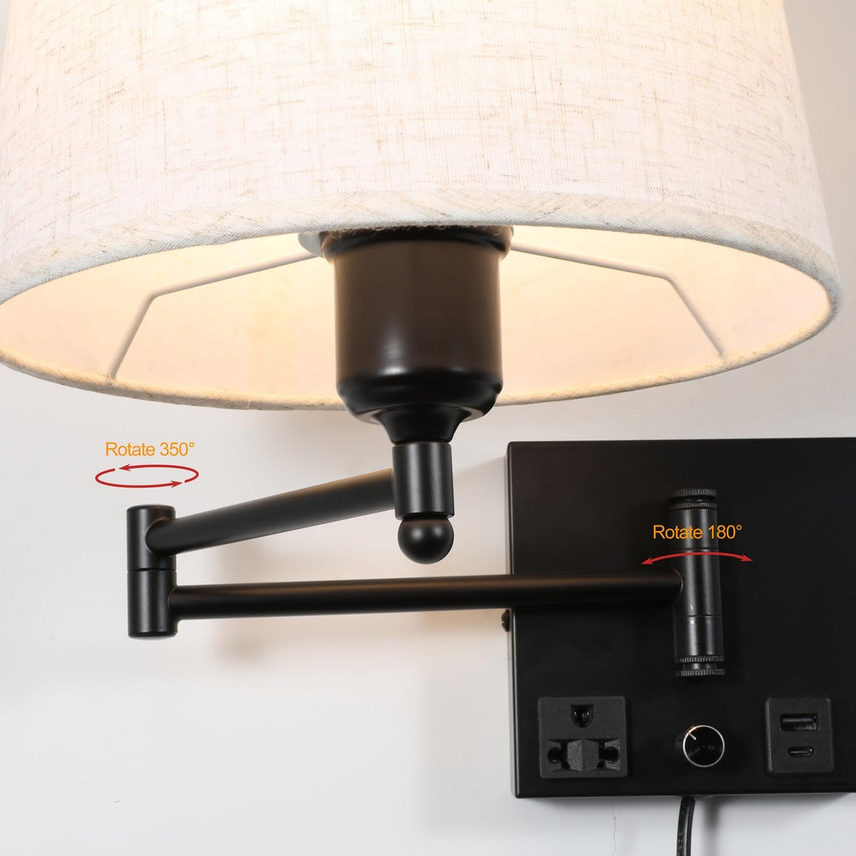 Swing Arm Wall Sconce with Linen Fabric Shade, USB-A & USB-C Charging Ports, Built-in AC Outlet & Rotary Dimmer