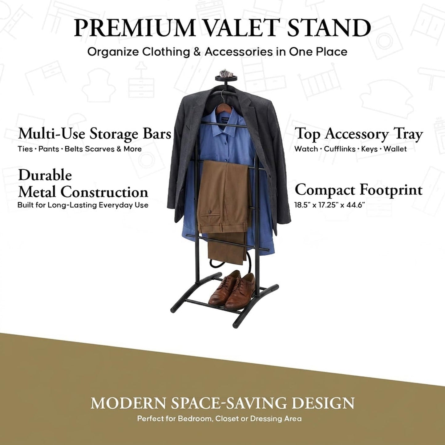 Kings Brand Freestanding Metal Suit Valet Stand with Tie Bar, Black | Complete Clothing Organizer with Hanger, Trouser