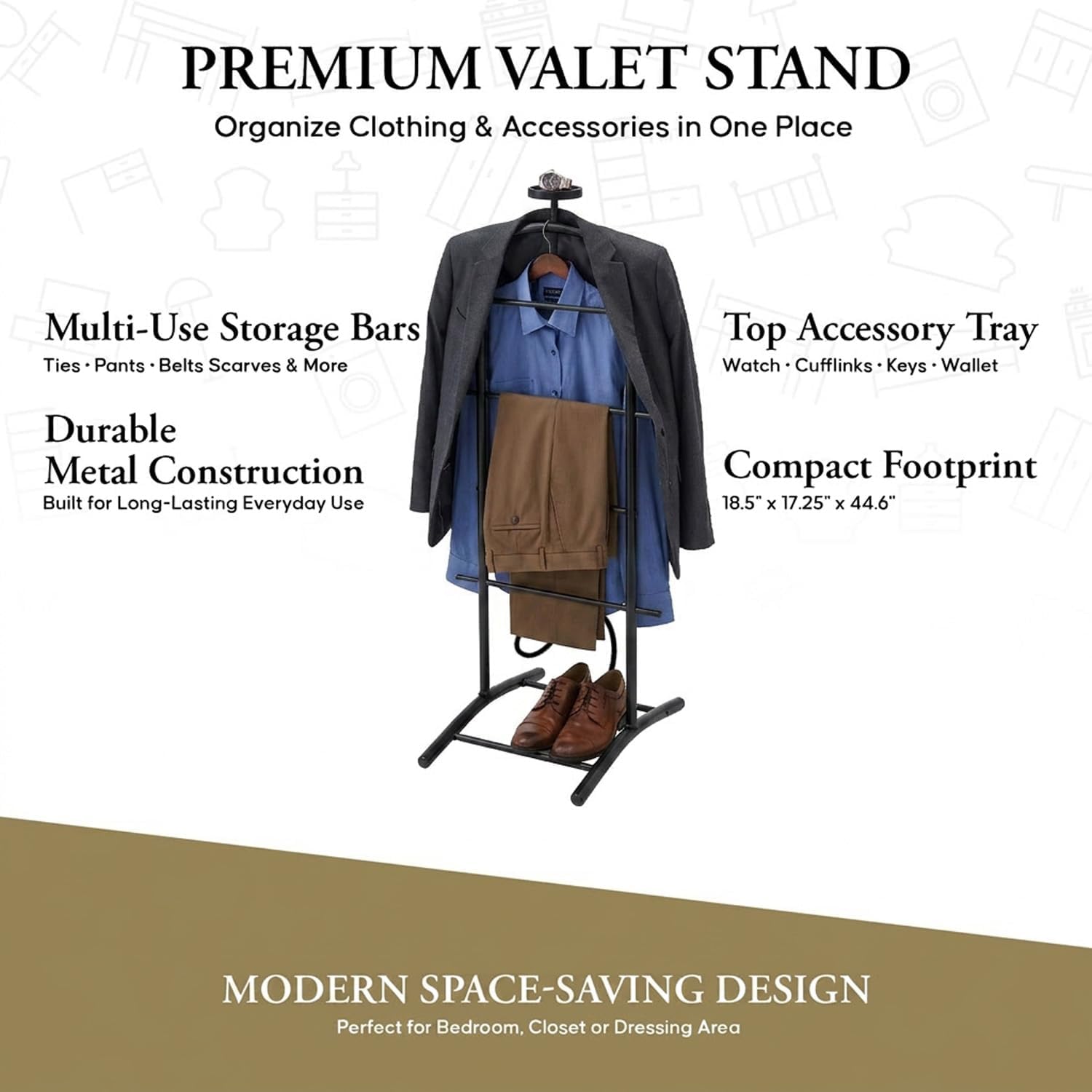 Kings Brand Freestanding Metal Suit Valet Stand with Tie Bar, Black | Complete Clothing Organizer with Hanger, Trouser