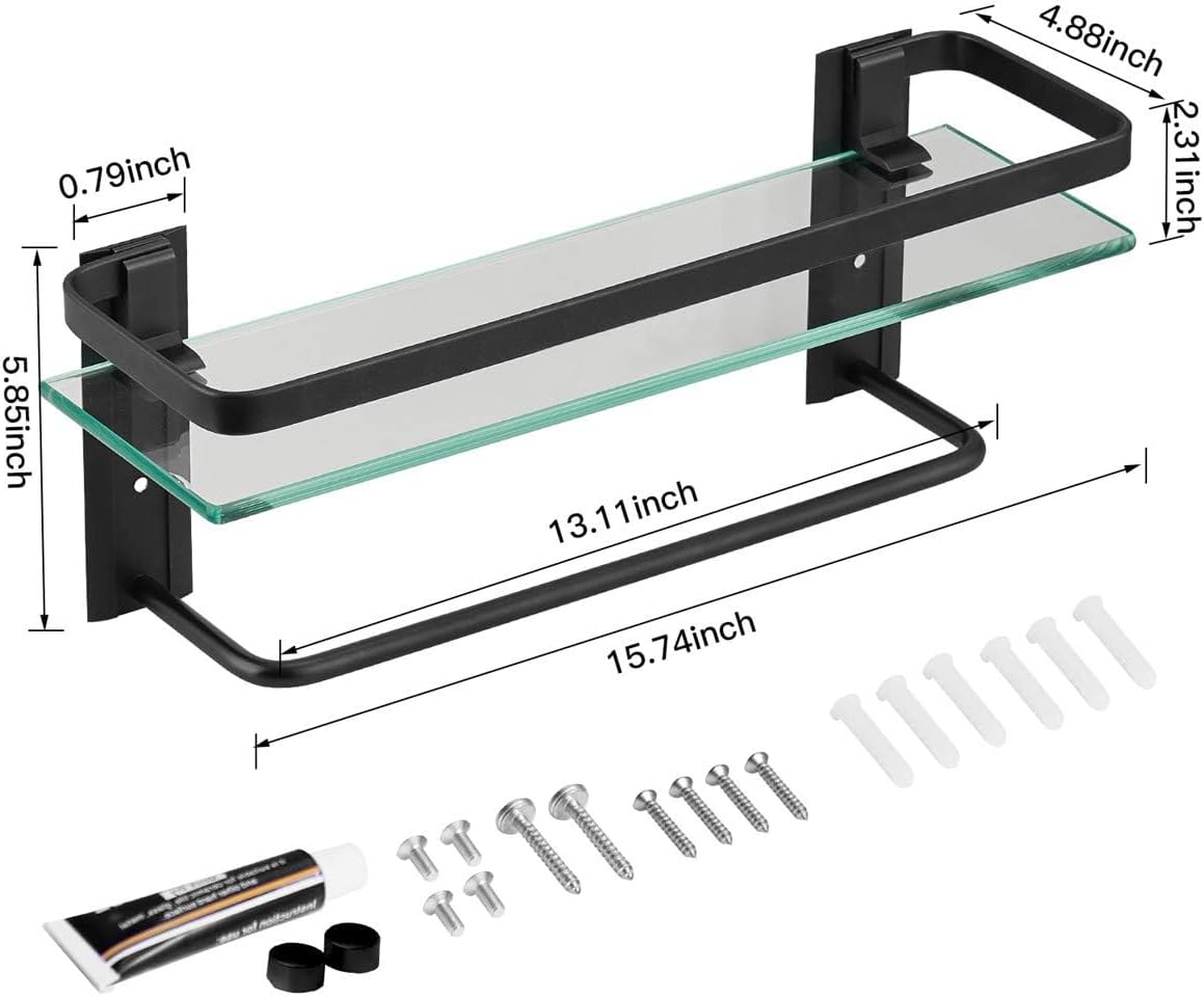 Bathroom Glass Shelf with Towel Bar Black Bathroom Shelf Wall Mount Rustproof Bathroom Wall Organizer Towel Rails1 Tier