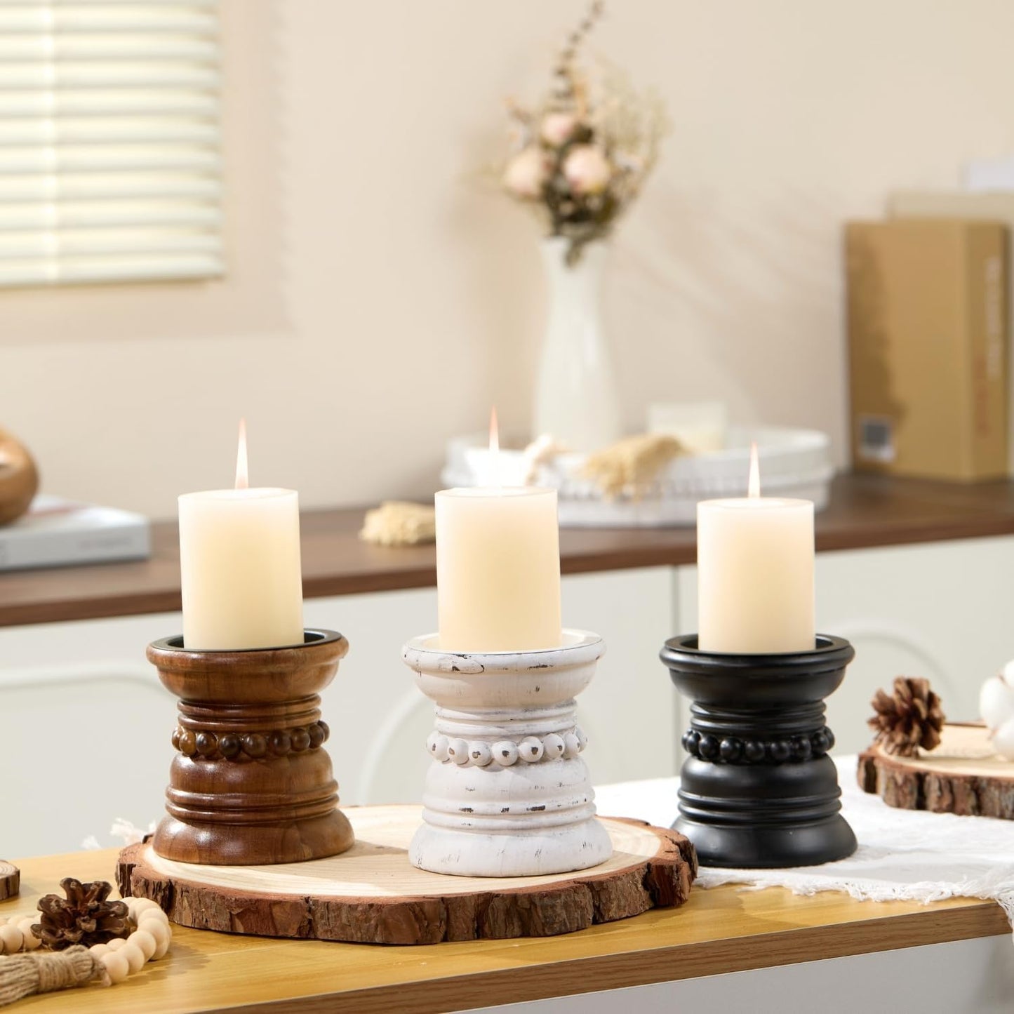 Wooden Candle Holder / Distressed White / 4 Inch
