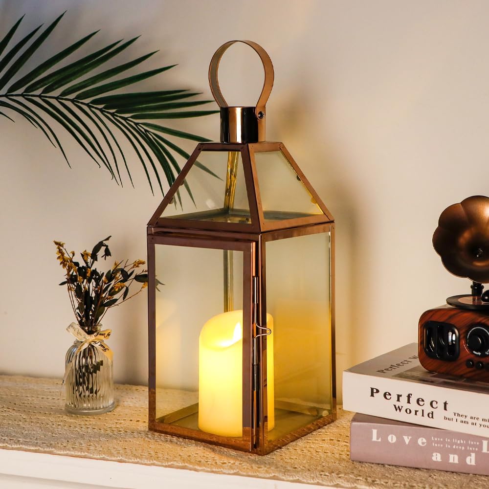 JHY Design Rose Gold Decorative Lanterns 16 inch High Stainless Steel Candle Lanterns with Tempered Glass for Indoor