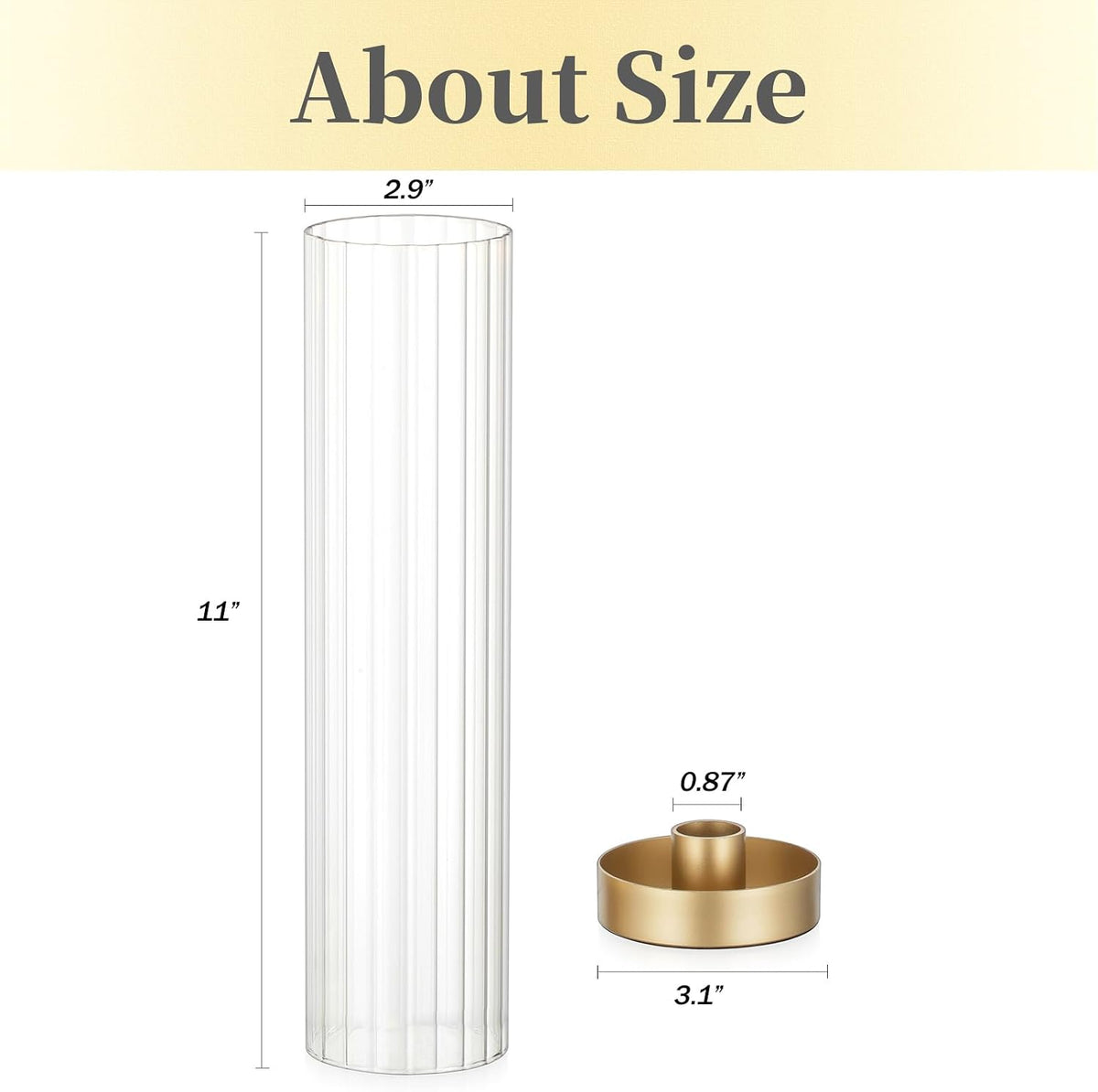 Hewory Hurricane Glass Candle Holders: Set of 8 Gold Candlestick Holders with 11" Tall Clear Cylinder Hurricane Cover