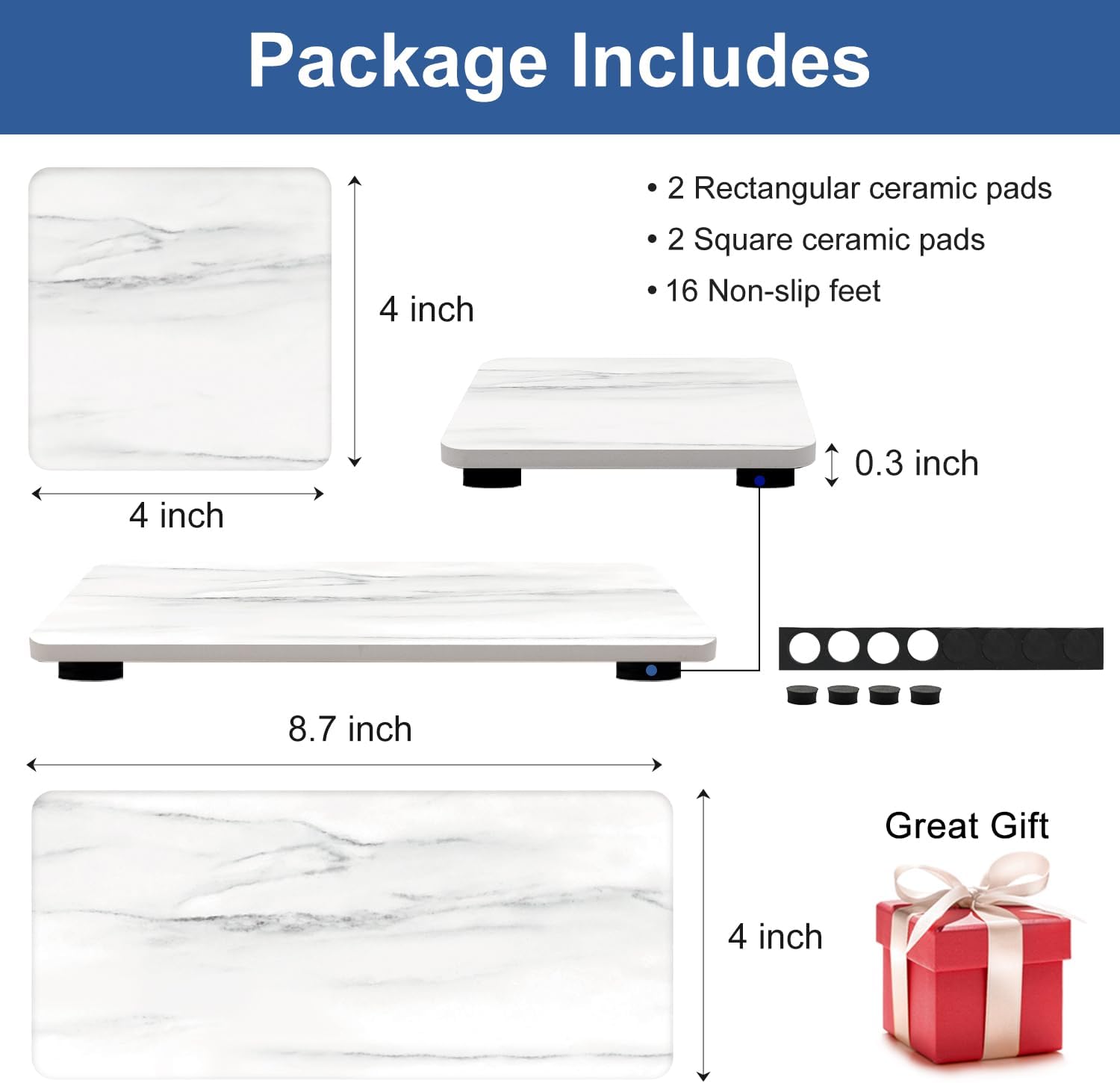 Water Absorbing Stone Drying Tray / White Marble / Set of 4